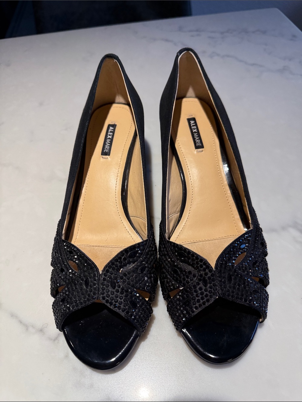 Alex Marie Black Embellished Peep-Toe Heels